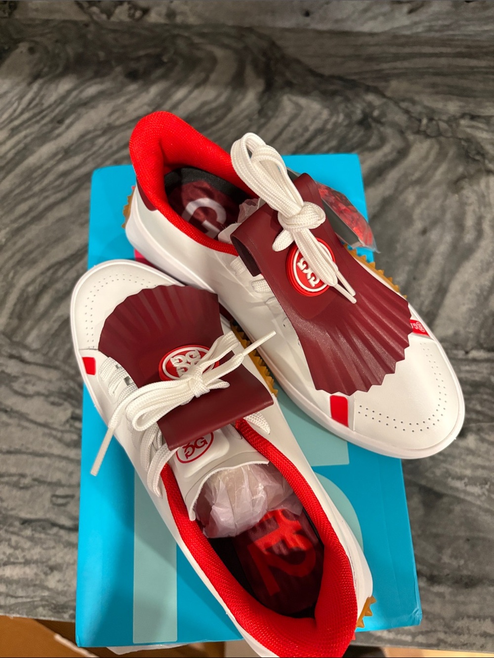 G/FORE White and Burgundy Women's Golf Sneakers with Red Lining and Fringe